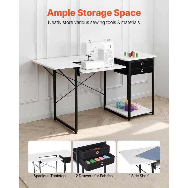 Sewing Table with Drawers, Foldable Side Shelf and Adjustable Storage Shelf image number 4