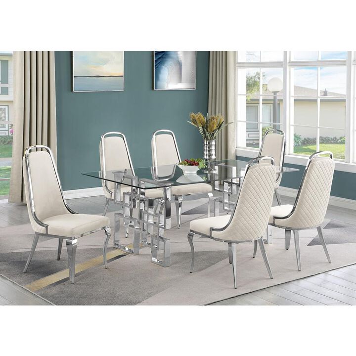 7-piece glam dining set with  6 Cream side chairs and one 79" glass dining table