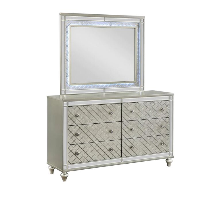 Benjara Cristo 62 Inch Wide Dresser with Mirror, 6 Drawers, Champagne Cross Pattern, Silver