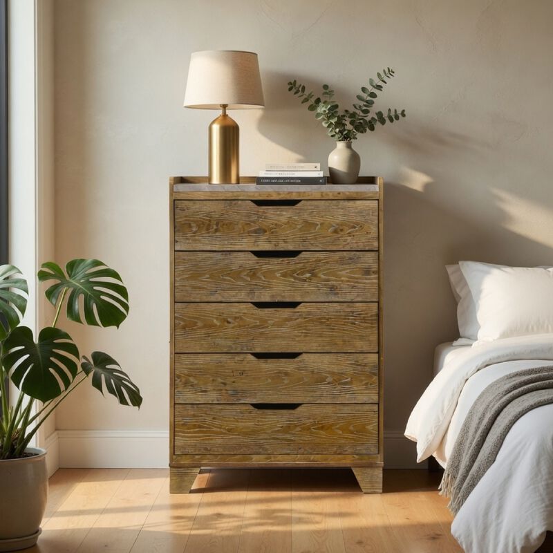 Nolan Tall Dresser Chest with Faux Marble Top, 5 Drawers, Brown Wood image number 8