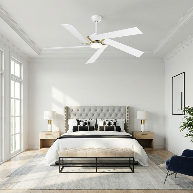 60" Modern Industrial White Reversible Dimmable 5 Aero Blades Ceiling Fan with Light and Remote image number 2