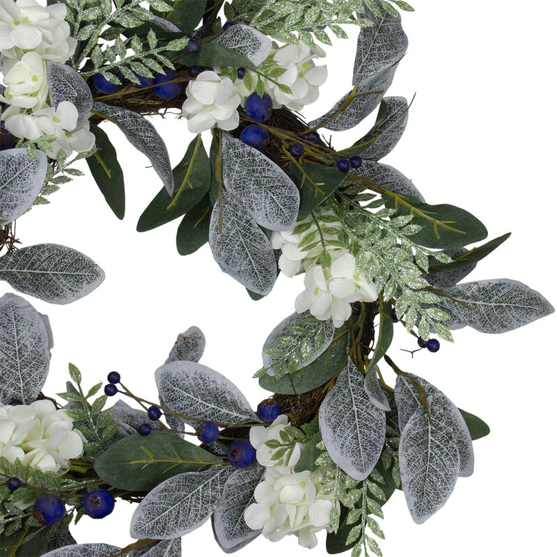 Iced Hydrangeas  Blueberries  and Foliage Artificial Christmas Wreath - 26 Inch  Unlit