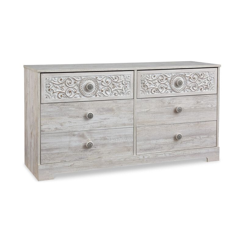 59 Inch Dresser, 6 Drawers, Medallion Design Front, Whitewashed MDF Frame