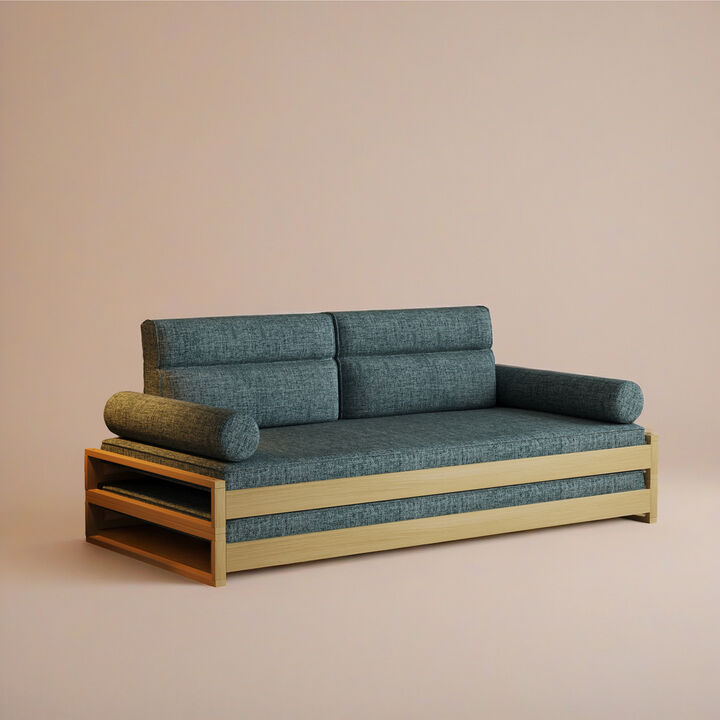 Fabric Linen Double-Deck Sofa Bed with Wooden Frame for Living Room & Bedroom 82.67" Blue