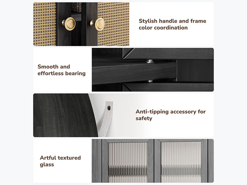 BELLEZE Modern Arched Kitchen Pantry, 5-Tier Wood Decorative Storage Cabinet with Reeded Glass Door and Adjustable Shelves, Freestanding Accent Display Cabinet for Home Living Room, Black