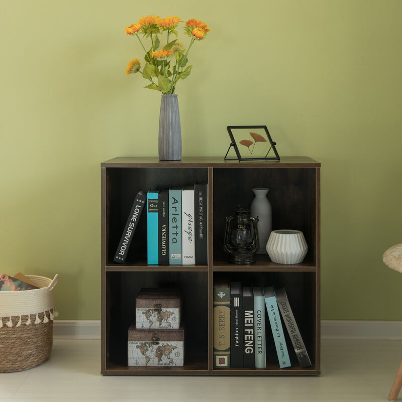 Modern Wooden Toy Storage Bookshelf 4 Cube Organizer Square Bookcase, Walnut