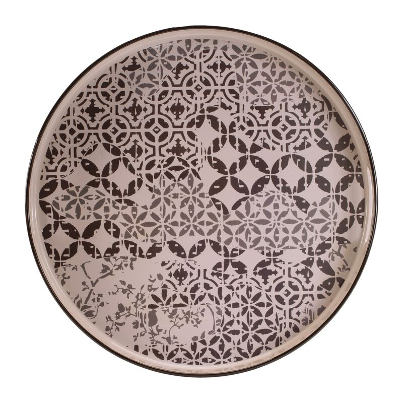Round Tray with Ornate Geometric Print for Coffee Table, Console, or Shelf Display