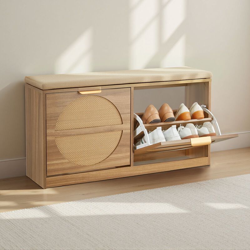 Entryway Shoe Bench with Cushion, Flip Drawers and Rattan Storage Doors image number 1