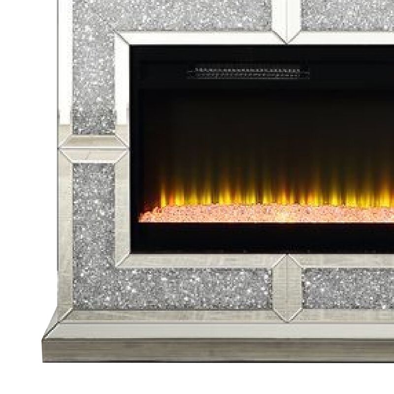 Noe 41 Inch Mirrored LED Electric Fireplace, Remote, Faux Diamond, Silver - Benzara