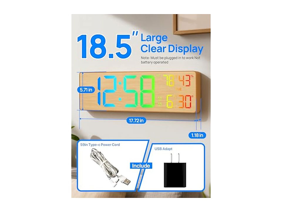 Upgrade Digital Remote Control LED Display Wall Clock 5 Inch Glow In Dark Wood