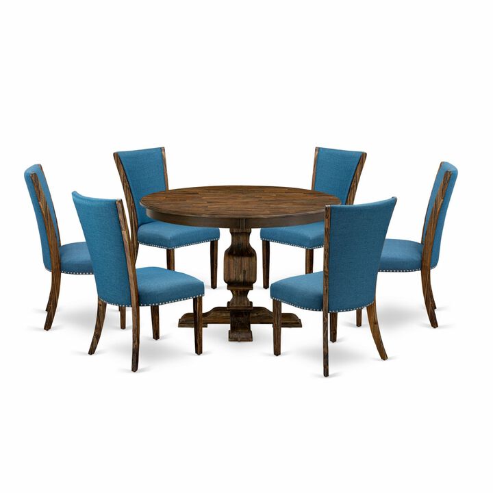 East West Furniture F3VE7-721 7Pc Dining Room Set - Round Table and 6 Parson Chairs - Distressed Jacobean Color