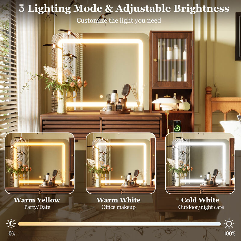 Merax 5-Drawer LED Vanity Table with Fluted Glass Cabinet, 3-Color Lighting, Charging Station image number 5