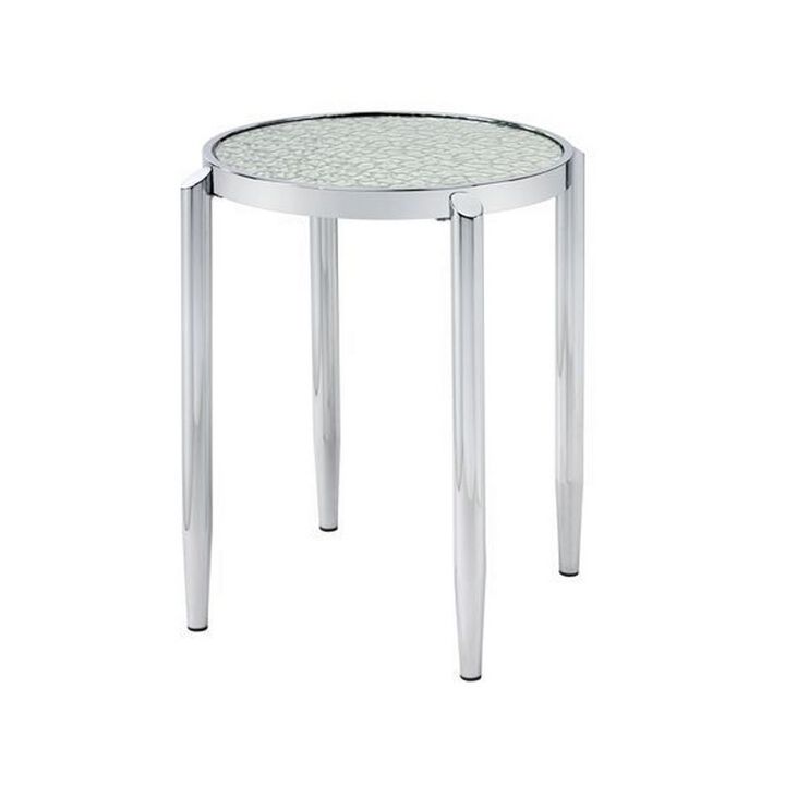 End Table with Tubular Rounded Legs and Frosted Glass Top, Silver-Benzara