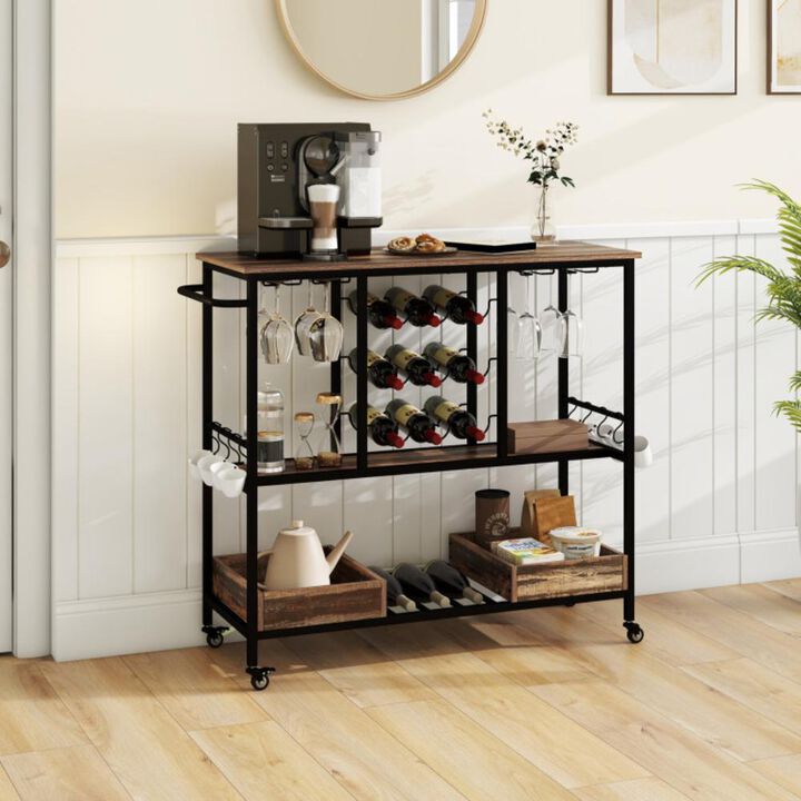 Hivvago 3 Tiers Bar Cart on Wheels with Glass Racks