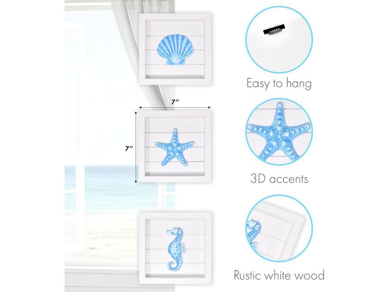 Set of 3 Coastal Wall Art Blue Starfish Seashell Seahorse Decor for Home image number 2