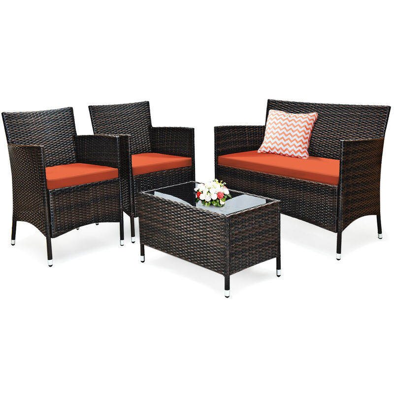 4 Pieces Comfortable Outdoor Rattan Sofa Set with Glass Coffee Table