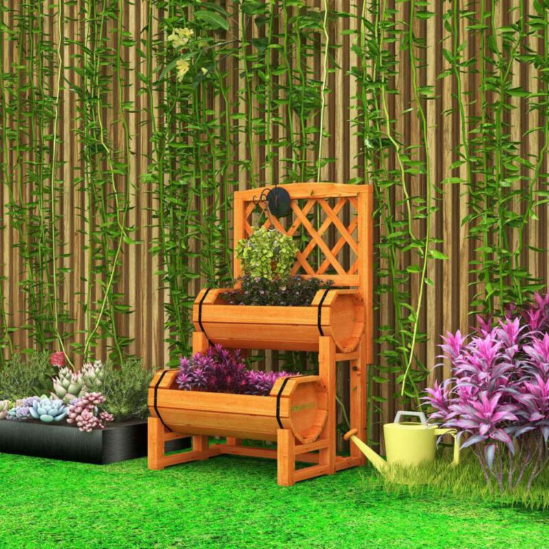 Hivvago Wooden 2-Tier Raised Garden Bed with 2 Cylindrical Planter Boxes and Trellis