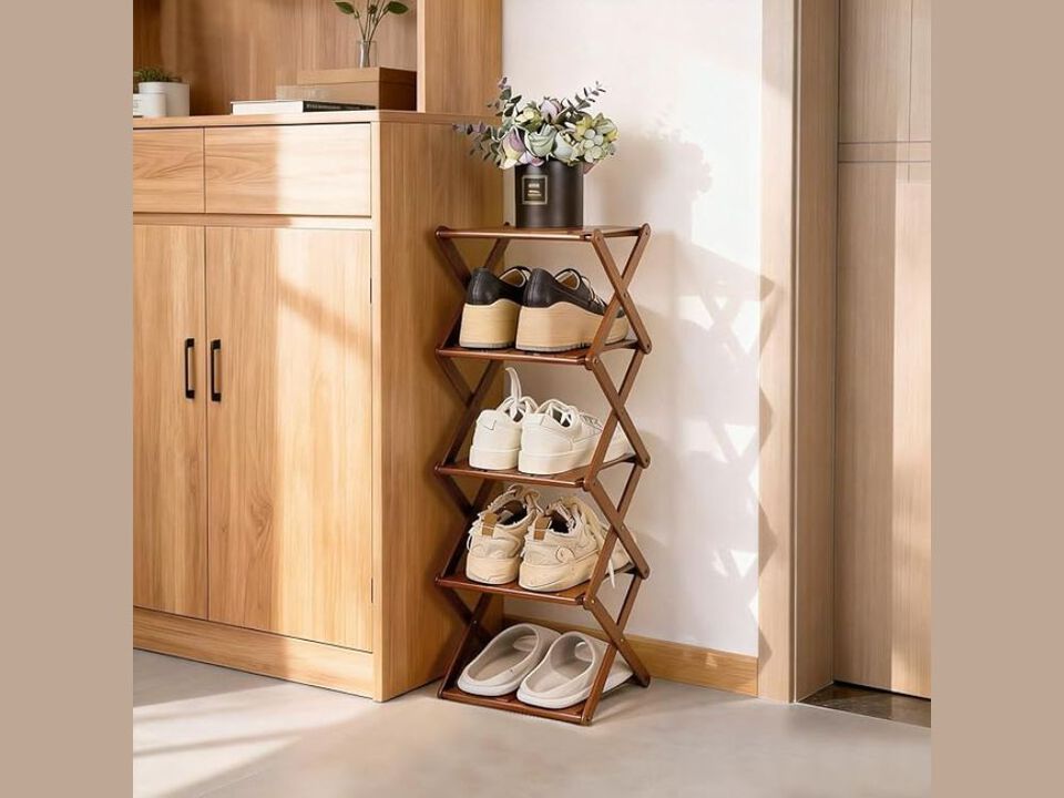 Entryway Bamboo Shoe Organizer 5 Tier Space Saving Walnut Rack
