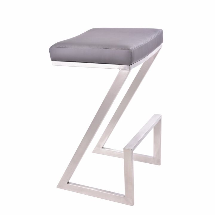 Z Shaped Metal Backless Barstool with Padded Seat, Silver and Gray-Benzara