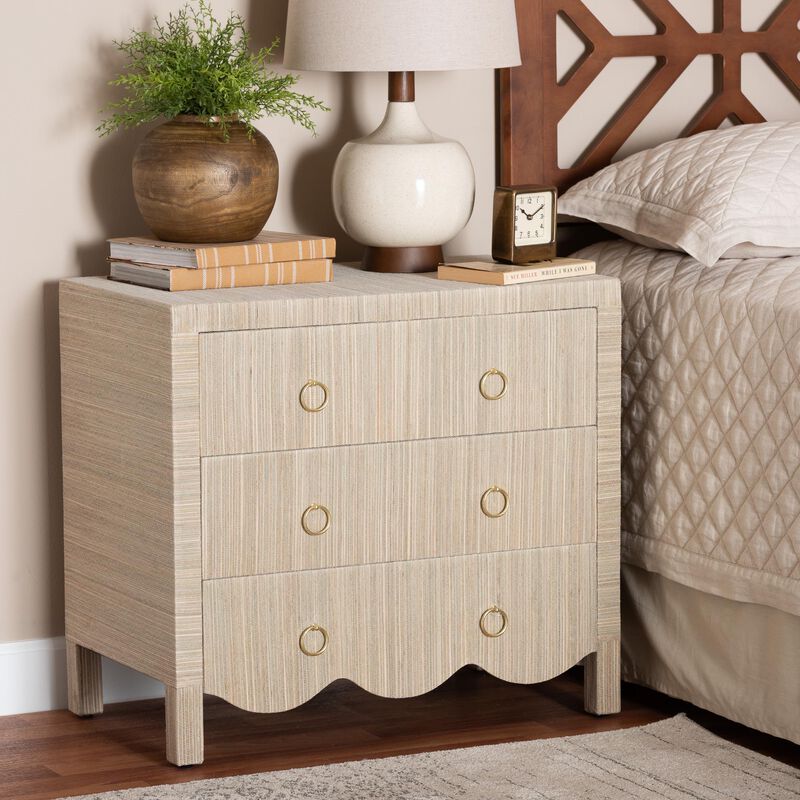 bali & pari Umika Grasscloth Nightstand with Scalloped Base - 3-Drawer Accent Chest with Gold Ring Pulls, Bedroom Storage Table or Side Cabinet image number 1