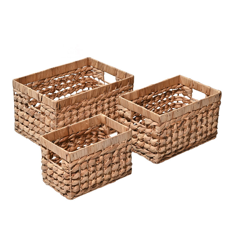 Hayden Bohemian Cottage Handwoven Hyacinth Rectangular Nesting Baskets with Handles