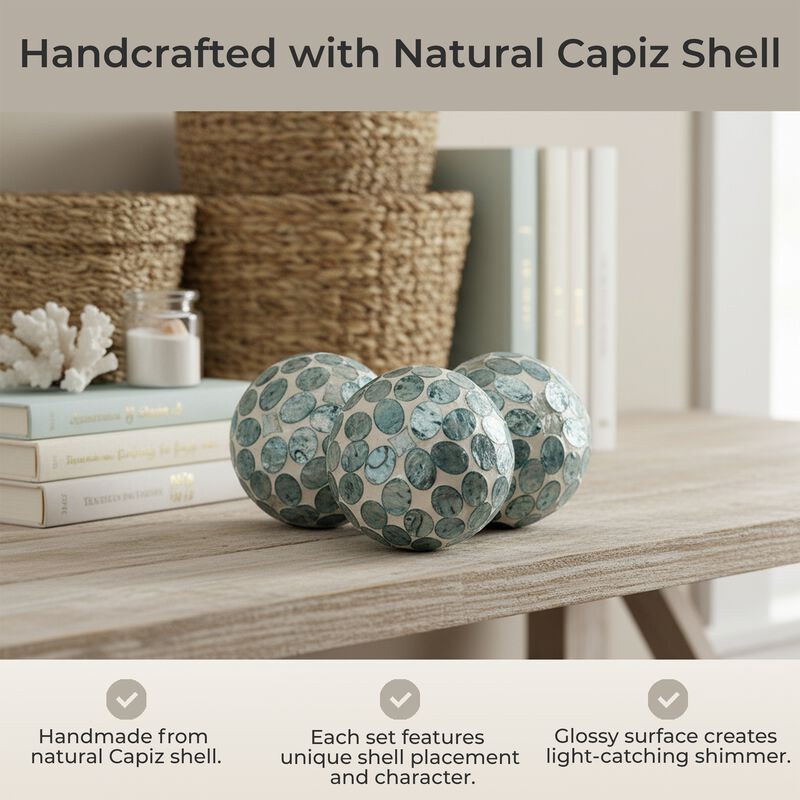 Sea Blue Capiz Shell 4 Inch Decorative Orbs Set Of 3 Coastal Balls image number 6