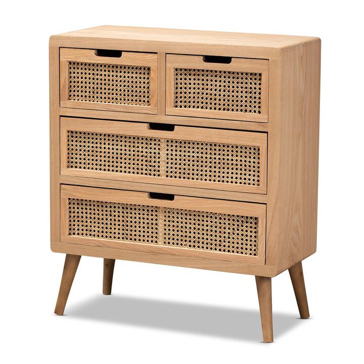 Baxton Studio Medium Oak Finished Wood and Rattan 4-Drawer Accent Storage Cabinet