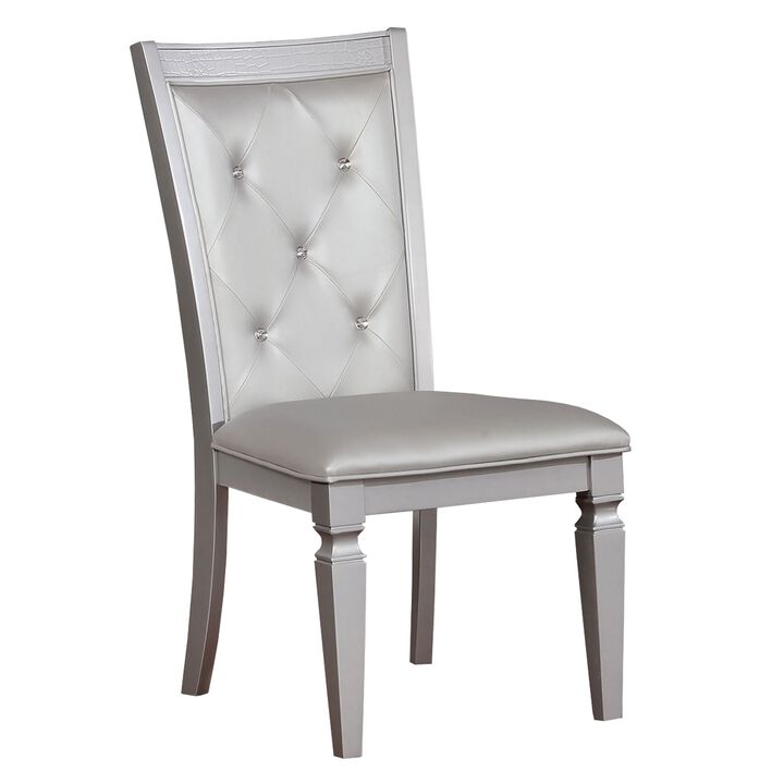 Button Tufted Leather Upholstered Side Chair, Silver, Pack Of Two-Benzara