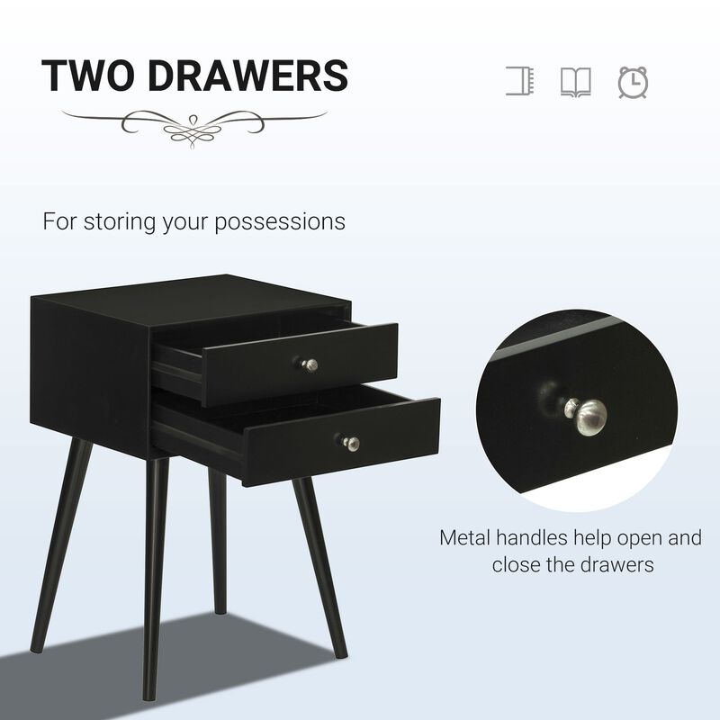 Black Bedroom Accent: Mid Century Side Table with 2 Drawers