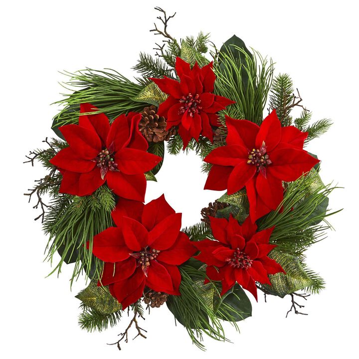 Nearly Natural 28-in Poinsettia and Pine Wreath