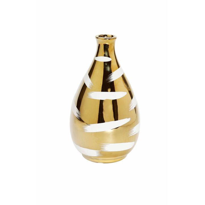 Gold Bud Vase with White Brushed Design  Narrow Opening