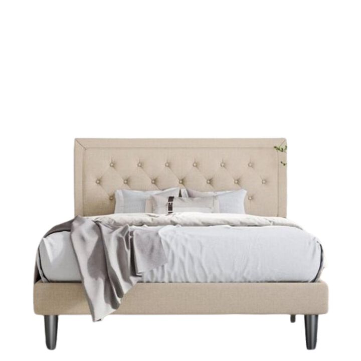 Hivvago King Adjustable Height Platform Bed Frame with Beige Upholstered Headboard