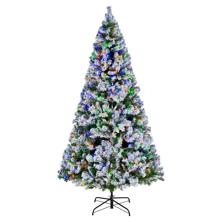 Artificial Flocked Christmas Tree Prelit with LED Lights, 11 Lighting Modes-Snow Flocked