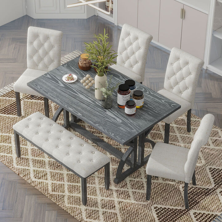 Whisen 6-Piece Retro Dining Table Set with 4 Upholstered Chairs and Bench - Gray Wash