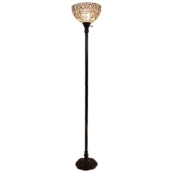 Hivvago 62" Brown And White Torchiere Floor Lamp With White Peacock Feather Glass Dome Shade