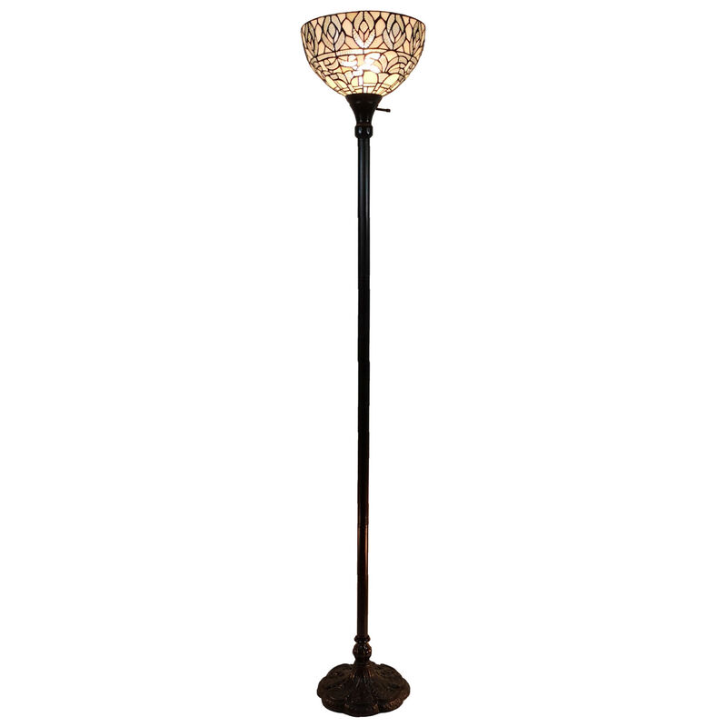 Hivvago 62" Brown And White Torchiere Floor Lamp With White Peacock Feather Glass Dome Shade
