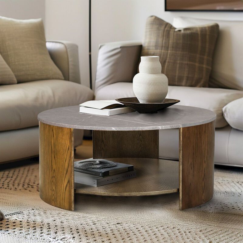 INK+IVY Round Mixed Material Coffee Table with Shelf