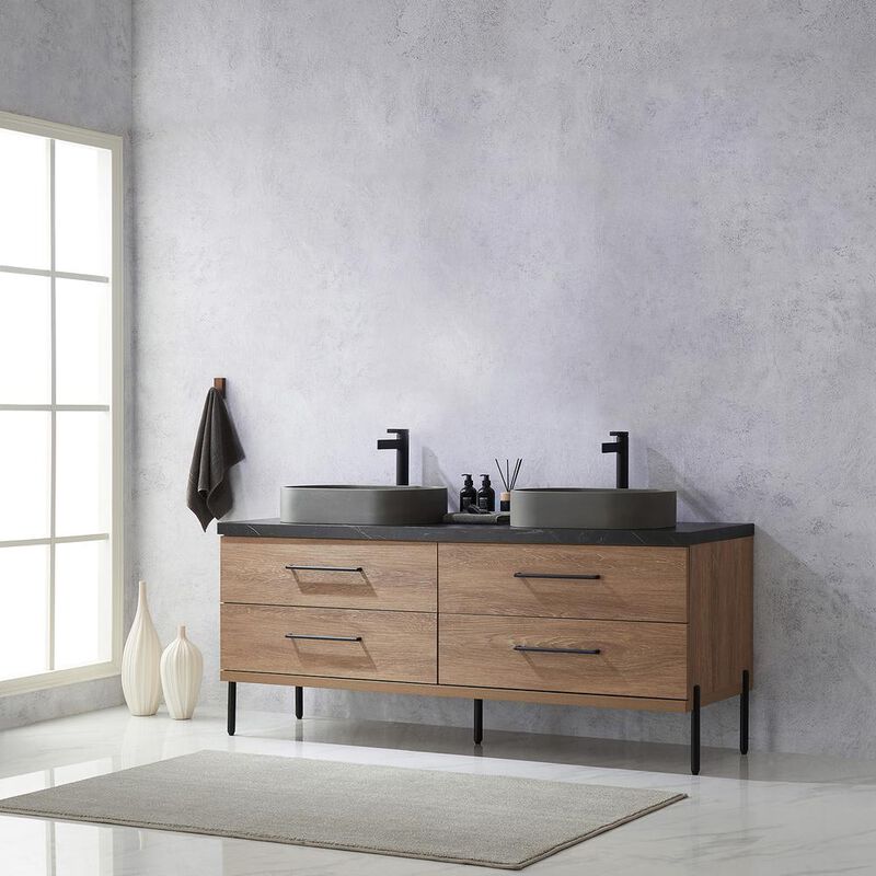 Vinnova Design Double Sink Bath Vanity with Black Sintered Stone Top with Concrete Sink