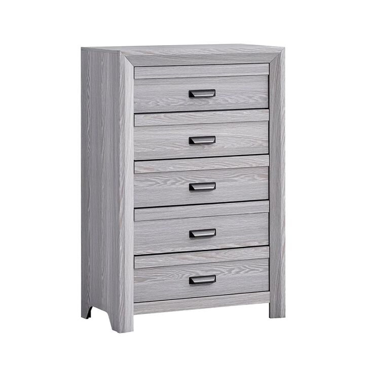 Laide Tall Dresser Chest with 5 Drawers, Cup Handles, Gray Driftwood Veneer