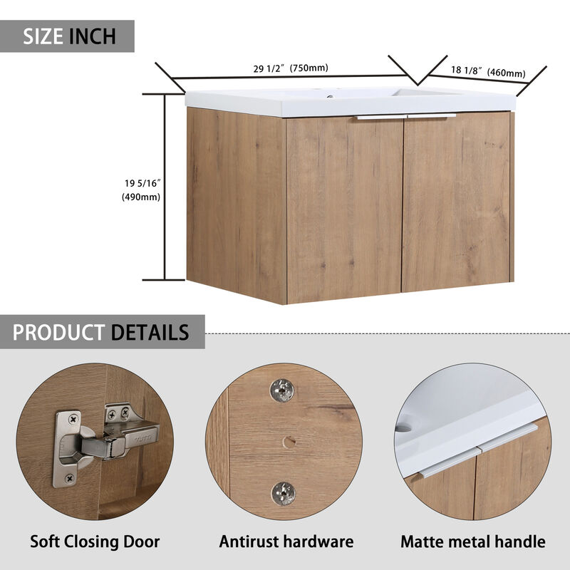 ELEMENT ACE Soft Close Doors Floating Bathroom Vanity With Resin Sink For Modern Bathroom Storage image number 2