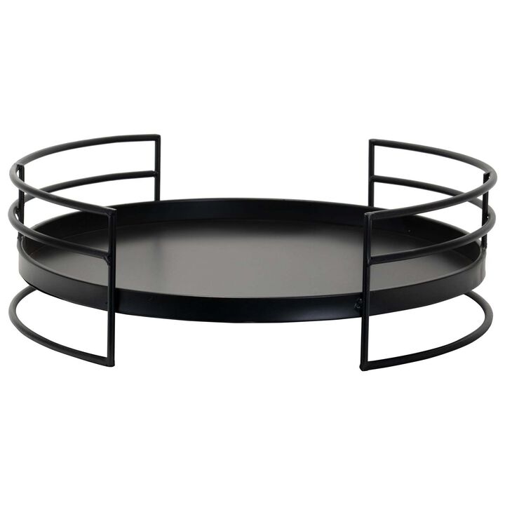 15 Inch Industrial Round Server Tray with Handle, Black Iron Frame-Benzara