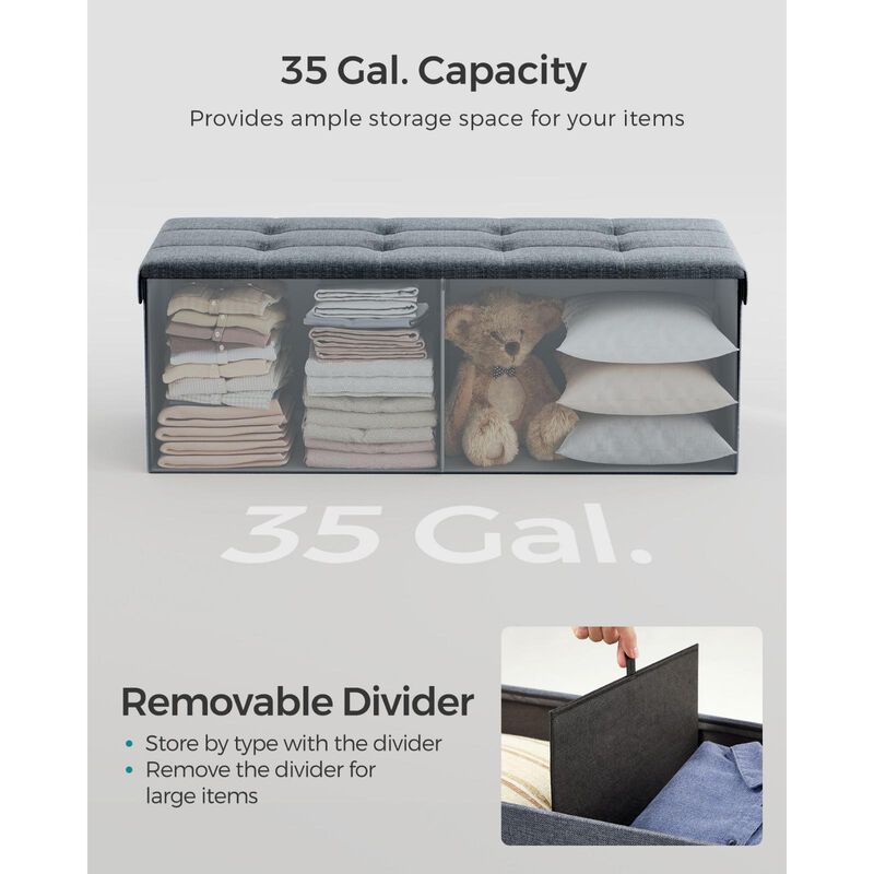 Long Folding Ottoman with Storage and Divider &ndash; 43" Upholstered Bench and Foot Stool for Home Organization