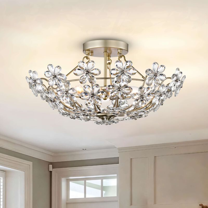 Maya Glam Brushed Silver-ish Champagne 3-Light 20" Daisy Crystal Glass Flower Blossom Flush Mount image number 1