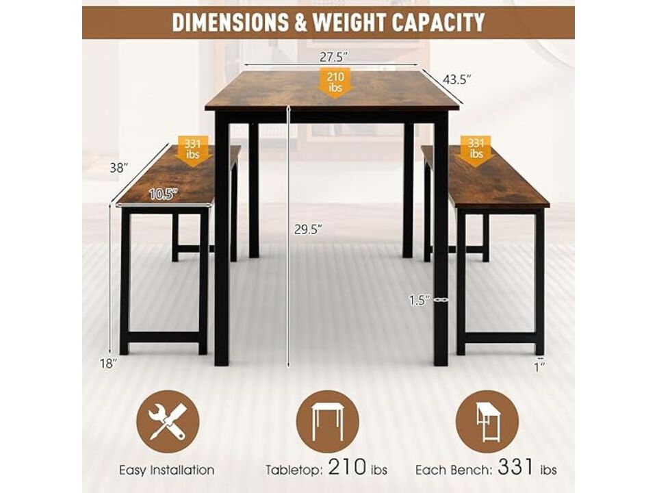 Dining Set &ndash; 3‑Piece 43.5" Solid Wood Table with 2 Benches, Metal Frame, Space‑Saving