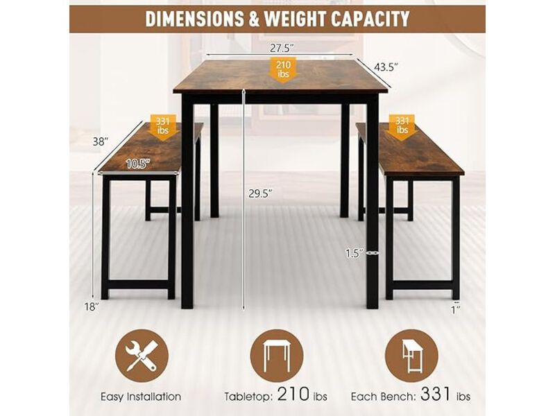 Dining Set &ndash; 3‑Piece 43.5" Solid Wood Table with 2 Benches, Metal Frame, Space‑Saving image number 1