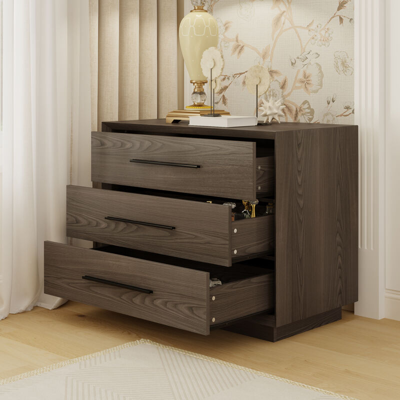 FUFU&GAGA 3-Drawer Nightstand with Black Metal Handles, Deep Brown Woodgrain Finish (31.5"W x 17.7"D x 23.6"H), Dark Brown