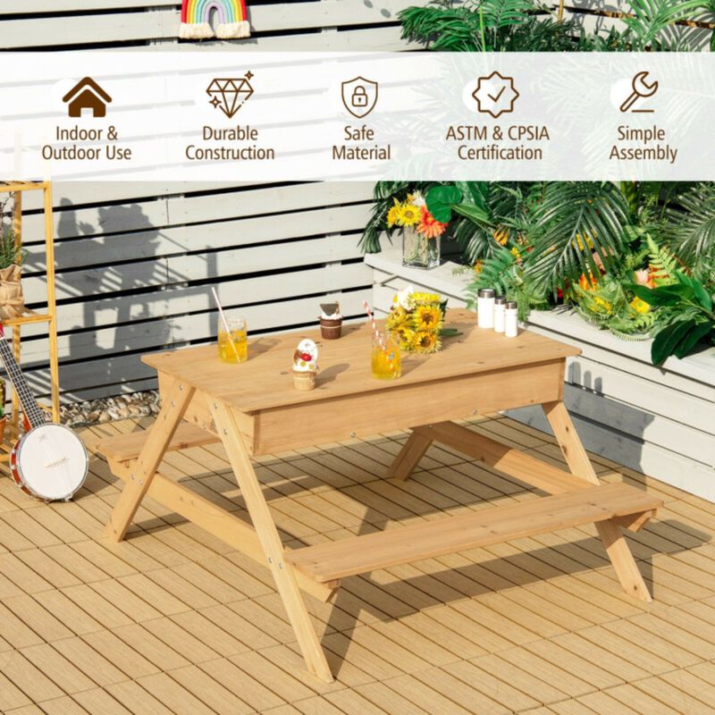 3-in-1 Kids Picnic Table Wooden Outdoor Water Sand Table with Play Boxes - Natural