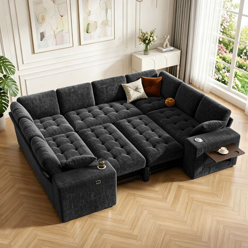 Vipbear 110" Modular Sectional Sleeper Sofa, 8-Seater Chenille U-Shaped Couch with Pull-Out Beds image number 3