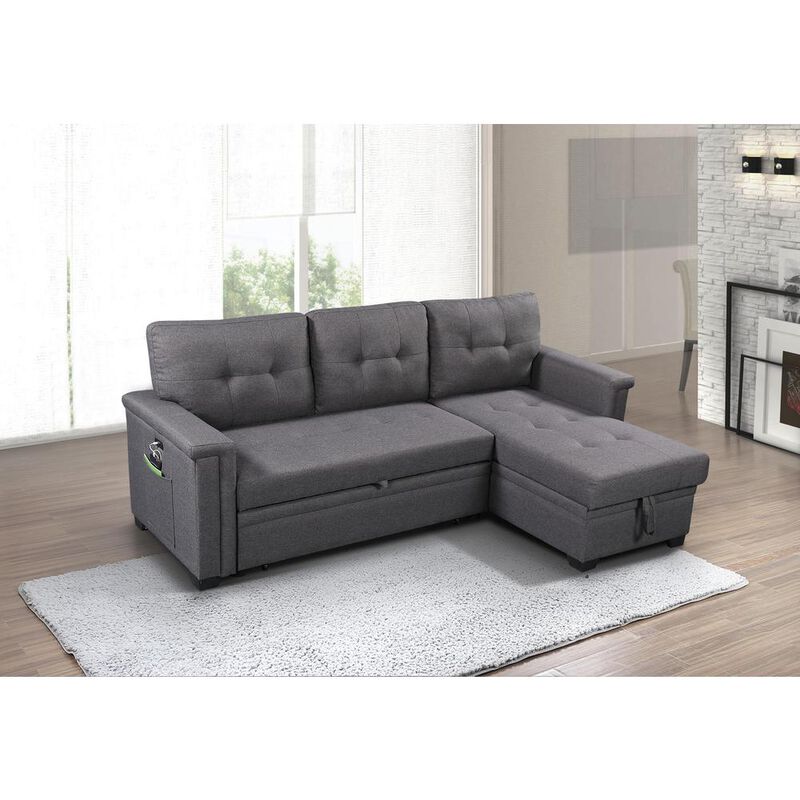 Lilola Home Ashlyn Dark Gray Reversible Sleeper Sectional Sofa with Storage Chaise, USB Charging Ports and Pocket