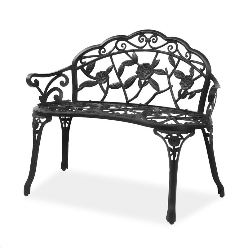 Outdoor Cast Aluminum Patio Bench, Porch Bench Chair with Curved Legs Rose Pattern